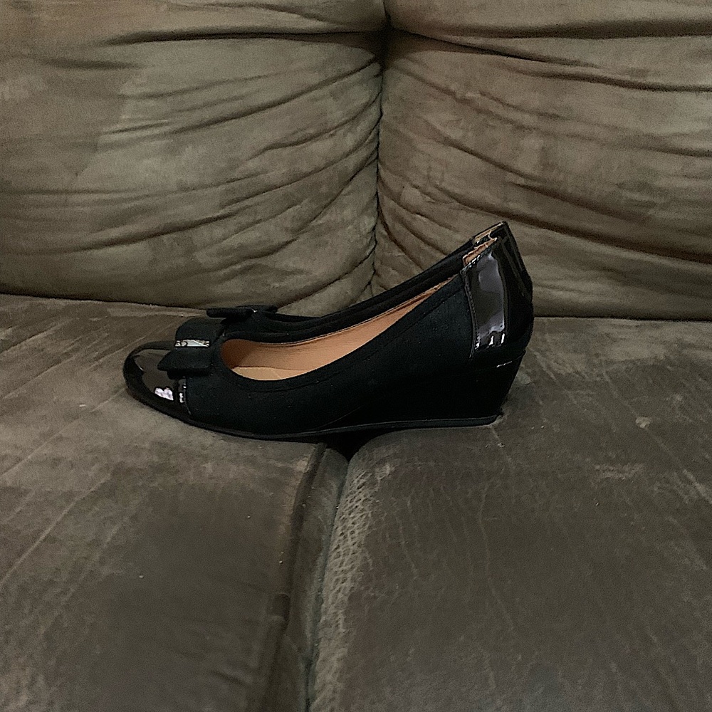 Black Suede Wedge Heels with a Bow